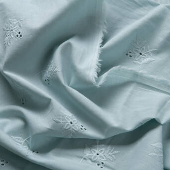 Woven cotton fabric EMBROIDERED GRAY MINT FLOWERS D39 #02