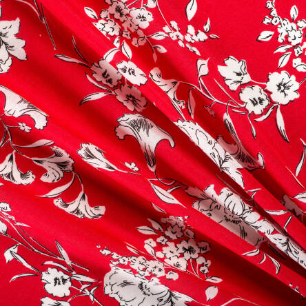Tkanina sukienkowa - kwiaty na czerwieni 