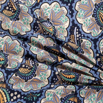 Viscose fabric BLUE AZTEC FLOWERS  RM19529 #04