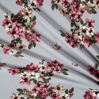 Viscose fabric ROMANTIC FLOWERS ON GREY