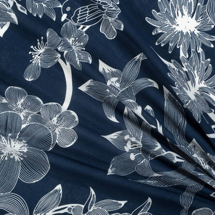 Viscose fabric white flowers on navy blue