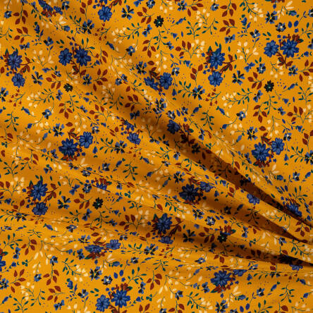 Viscose fabric GARDEN FLOWERS ON HONEY-COLORED
