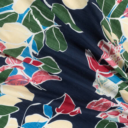 Viscose and cotton fabric LEAVES ON NAVY BLUE D46#01