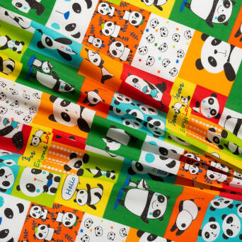 Tkanina bawełniana TWILL  Happy Pandas on red&green D01 #02