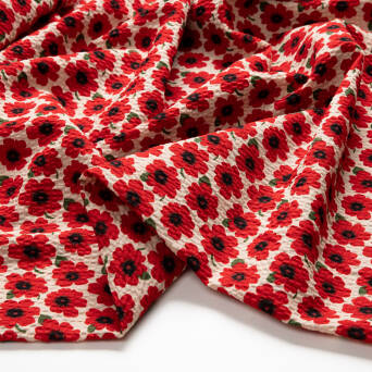 Cotton fabric SEERSUCKER RED POPPIES ON CREAM  D01 #01