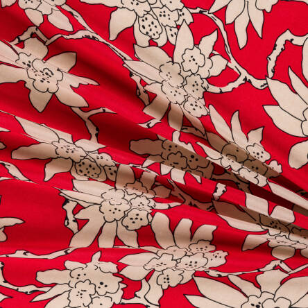 Viscose fabric PREMIUM BEIGE FLOWERS ON RED  D34 #01