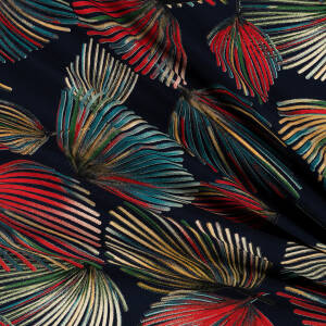Viscose fabric AUTUMN RED GINKO ON NAVY BLUE