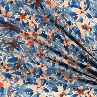 Viscose fabric WATERCOLOR ORANGE FLOWERS ON BLUE RM 19448 #02