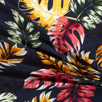 Viscose fabric COLORFUL LEAVES ON NAVY D45 #05