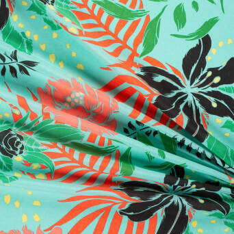 Viscose fabric  EXOTIC LEAVES ON AQUA GREEN  D33 #01