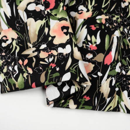 Cotton fabric PREMIUM GREEN WATER FLOWERS ON BLACK #148 #02