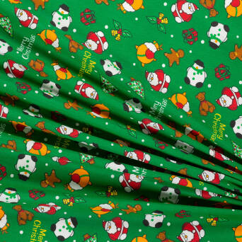 Cotton fabric TWILL Santa and the Snowman on Green D07 #02