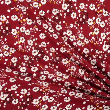 Tkanina wiskoza BIAŁE kwiaty NA BORDOWYM #9565-02