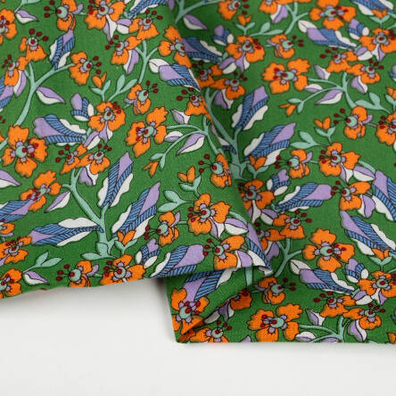 Cotton fabric PREMIUM ORANGE FLOWERS ON GREEN #9804 #03