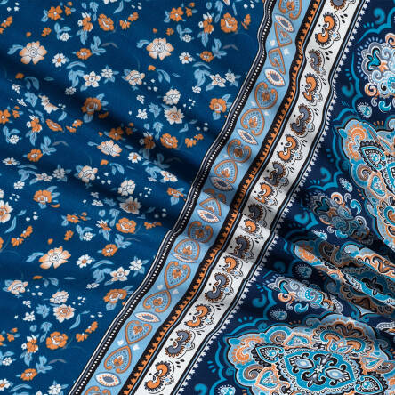 Viscose fabric BORDER BLUE OPAL ORNAMENT #9603-01