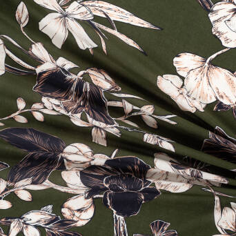 Viscose fabric BEIGE MAGNOLIAS ON GREEN D59 #02
