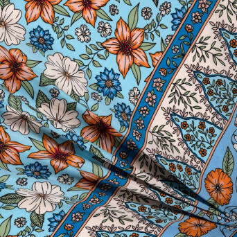 Viscose fabric BORDER Flowers in the garden ON SKY BLUE