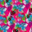 Lycra material NEON FLOWERS ON WHITE #1139A
